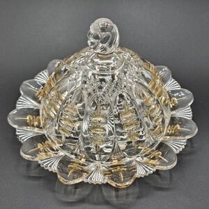 c 1896 EAPG Triple Thumbprint / African Shield Clean w/GOLD Butter Dish w/Cover